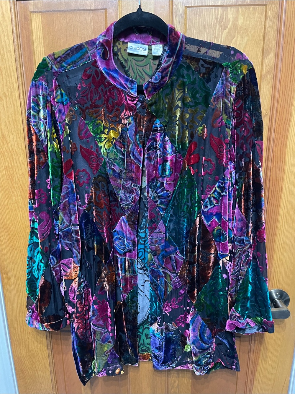 Stunning Chico's Colorful Jewel Tone Burnout Velvet Blouse Art to Wear Boho, 2